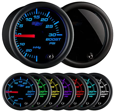 GlowShift Tinted 7 Color 30 PSI Turbo Boost/Vacuum Gauge Kit - Includes Mechanical Hose & T-Fitting - Black Dial - Smoked Lens - for Car & Truck - 2-1/16 52mm