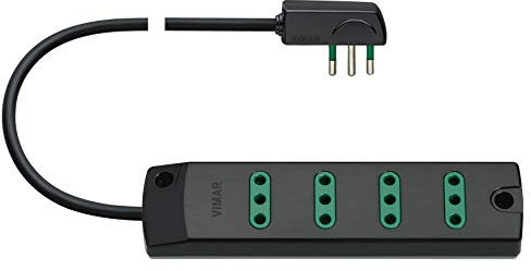 VIMAR FP00401.C Presa mobile multipla 4 Prese P11, Spina piatta ricollegabile SPA11 10a Salvaspazio, Cavo 1,5mt, Nero