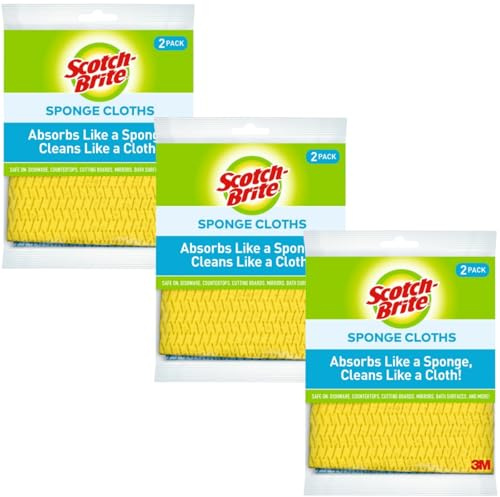 Scotch-Brite Sponge Cloth – 6-Pack (3 Packs of 2 Each), Reusable and Washable, Highly Absorbent, Multi-Purpose Cleaning Cloths