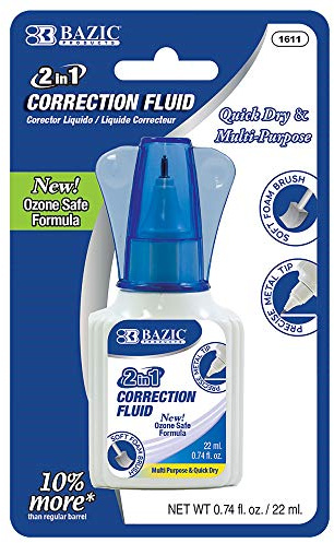 BAZIC Products Correction Liquid 2 in 1 (0.74 oz / 22 ml), Foam Brush & Precise Metal Tip Applicator, Instant Corrections Pen White Out Wipe Out Fluid, 1-Pack