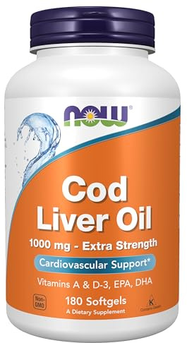 NOW Foods Supplements, Cod Liver Oil, Extra Strength 1,000 mg with Vitamins A & D-3, EPA, DHA, 180 Softgels