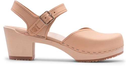 Sandgrens Handmade Swedish Wood Clogs for Women, High Heel Sandal US 5 | Victoria Ecru Veg Tan, EU 36