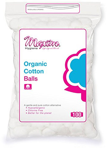 Organic Cotton Balls by Maxim (100 Count): Hypoallergenic 100% Natural White Cotton for Sensitive Skin - Chlorine Free, Chemical Free, Eco Friendly