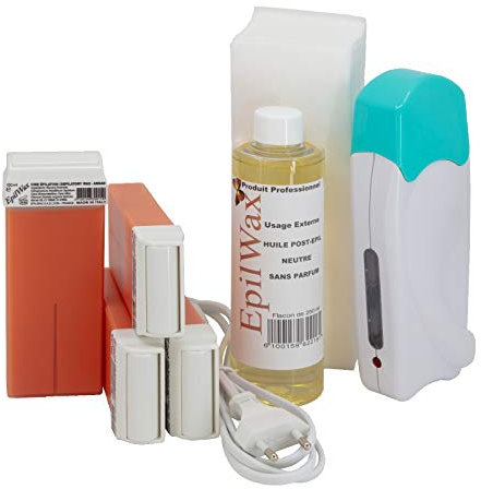 Epilwax Kit Ceretta Completo per Depilazione con Cera - Include 4 Cartucce Roll-on in cera argan, Scaldacartucce, 100 strisce e olio cerante