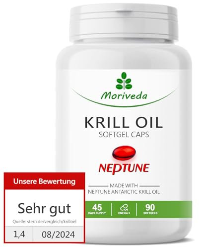 MoriVeda® Krill Oil Capsules 90, 100% Pure NEPTUNE Premium Krill Oil - Omega 3,6,9 Astaxanthin, Phospholipids, Choline, Vitamin-E - Marque de qualité de MoriVeda (1x90)