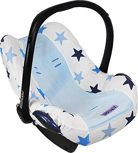 Original Dooky Seat Cover Schonbezug Blue Stars für Babyschale Universalgröße geeignet für 3 und 5 Punkt Gurtsystem Autositz, für Altersgruppe 0+, weiß/blau