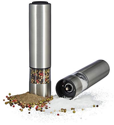 Relaxdays Macinapepe Elettrico, Set 2 con Luce, Trita Sale e Pepe, Acciaio Inox Macinino in Ceramica, a Batteria,Argento