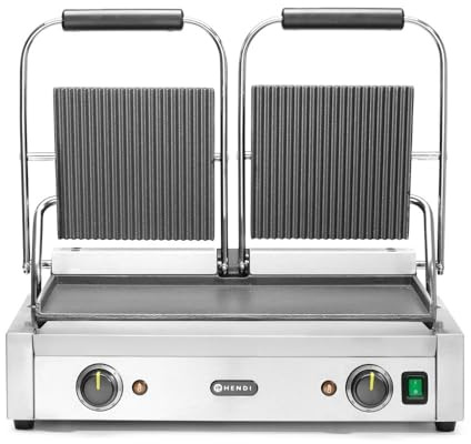 HENDI Kontaktgrill, Doppelversion, Elektrogrill, Tischgrill, Sandwichtoaster, Regelbar bis max. 300°C, Oberseite (H)530mm, Grillfläche 475x230mm, 230V, 3600W, 570x370x(H)210mm, Edelstahl
