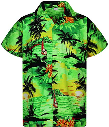V.H.O. Funky Hawaii-skjorta för män, kortärmad med frontficka och Hawaii-tryck: strand, palmer och olika färger, Surf grön, 6XL