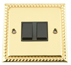 Light Switch 2 Gang - Polished Brass Georgian - Black Insert Plastic Switch - 10 Amp Double 2 Gang 2 Way