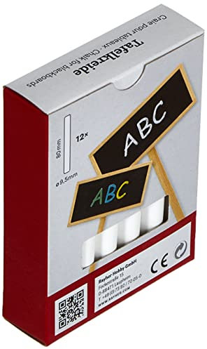 Rayher 8910602 Tafelkreide, Karton 12 Stück, weiß, 8 cm, 9,5 mm ø, leicht abwischbar, staubarm, Kreide