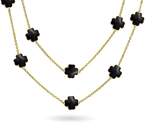 Bling Jewelry Collar De Trébol De Capa Envolvente Con Cadena De Esmalte Nacarado, Flor Negra, Largo, Dorado, Para Mujer 40 Pulgadas