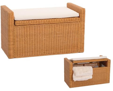 Mendler Baule Panca Contenitore M92 Rattan 44x88x51cm Colore Legno con Cuscino