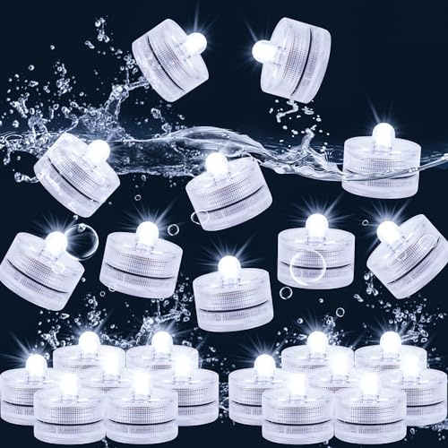 JINHEZO Submersible LED Light, Tea Lights, Pond Underwater Small LED Lights, Battery Operated 125 Hours, for Wedding Home Vase Festival Party Decoration White 24Pcs (Built-in 48 Batteries)