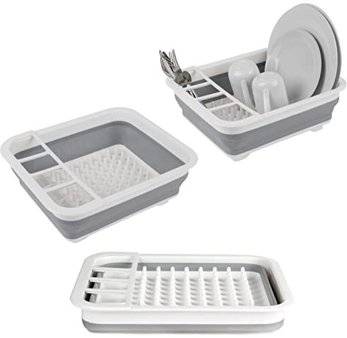 Beldray LA031051 Collapsible Dish Drainer - Plastic Sink Drying Rack With Cutlery Divider, Foldable For Compact Storage, Durable For Plates, Cups, Pots & Pans, Space Saving For Camping, Caravans