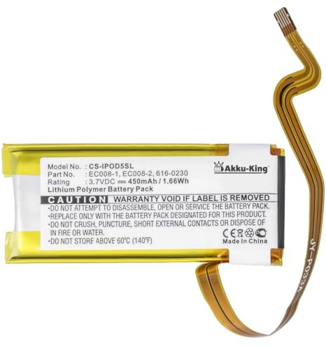 Akku-King Akku kompatibel mit Apple 616-0230 - Li-Polymer 450mAh - für iPod Gen. 5 iPod 5.5 (Video) 30GB iPod 6 80GB (2007) iPod 6 120/160GB (2008/2009)
