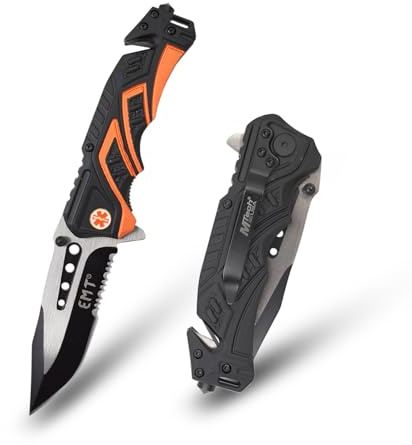 MTECH USA - Pocket Folding Knife, Two-Tone Half-Serrated Blade, Aluminum Black Handle with Dept. Logo, 4.75-Inch Closed, Camping, Survival, Tactical, Outdoors, EDC (Orange)