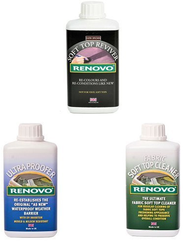 Renovo Bundle includes Soft Top Reviver 500 ml, Soft Top Ultra Proofer 500 ml and Soft Top Canvas Cleaner 500, Brown