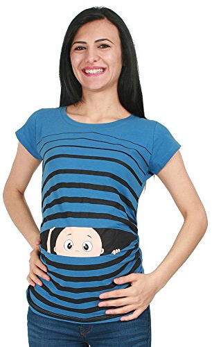 M.M.C. Mammaskjorta kortärmad dam med Guck-Guck-motiv – mammamode T-shirt för graviditeten, rynkfri från 95 % bomull, S till XL, blå, S