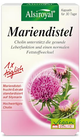 Alsiroyal Mariendistel plus Cholin Leberkomplex - hochdosiert mit 80% Silymarin - nur 1 Kapsel täglich - doppelt stark für Leber und Fettstoffwechsel – Arzneimittel-Qualität – laborgeprüft, vegan