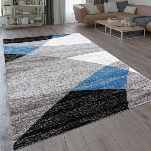 VIMODA Teppich Geometrisches Muster Meliert in Blau Grau Weiß Schwarz Kurzflor Wohnzimmer, Maße:80 x 150 cm