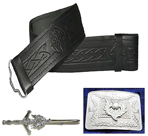 Maze Ceinture de kilt en cuir, boucle et épingle à kilt – Ensemble d'accessoires 3 pièces, Noir en relief avec boucle chardon et épingle à kilt, taille 91/107 cm
