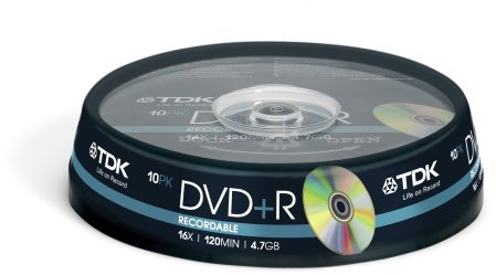 TDK DVD+R47CBED10-20 DVD+R 16x 10 Pack Cakebox