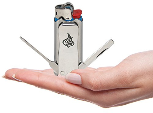 LighterBro Micro Compact Stainless Steel Lighter Sleeve - Multi-Tool Lighter Case With Poker, Screwdriver, Super Sharp Knife, Bottle Opener, Key Chain - Survival Tool, 2.1x0.8x0.5 (Silver, 1 Pack)