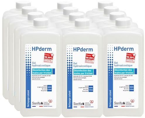 Carton standard de 12 HPderm Gel hydroalcoolique pour la désinfection des mains - Flacon 1 Litre