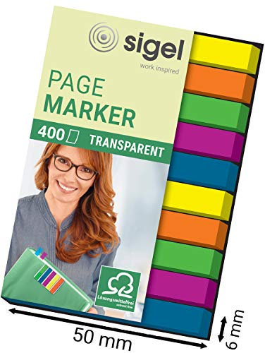 SIGEL HN617 Haftmarker, 400 transparente reißfeste Textstreifen, extra schmale Streifen 6 x 50 mm, 5 Farben