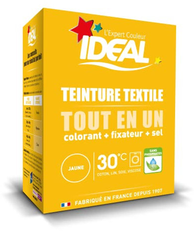 IDEAL - Kit Teinture Tout en Un Mini Jaune - 230 g - Colorant + Fixateur + Sel Inclus - Teinture Textile Longue Tenue - Coton, Lin, Soie, Viscose - Efficace dès 30°C - Fabrication Française