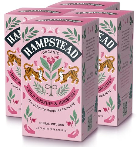 Hampstead Organic Rosehip & Hibiscus Tea Bags (4 Packs of 20), Fruity Herbal Tea Infusion with Organic Hibiscus Flower & Rosehip, Naturally Vibrant Flavour, Home-Compostable Bags