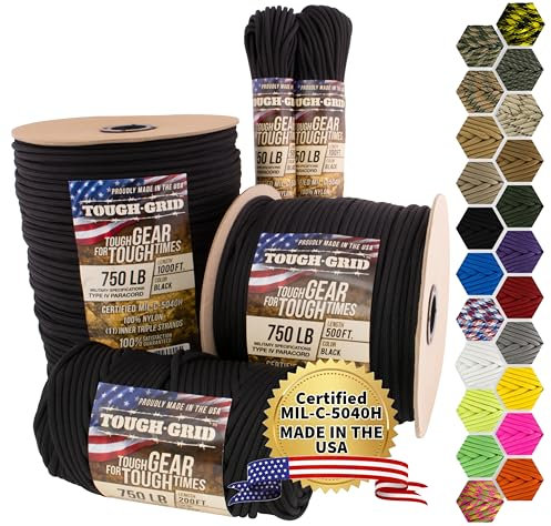 TOUGH-GRID PC50 340kg Paracord - 100% Nylon Militärspezifikationen Typ IV - für Militär, Camping, Kunsthandwerk, Hängematten, Notfälle - Schwarz