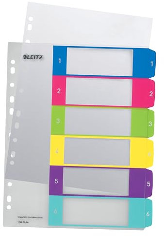 Leitz Register für A4, PC-beschriftbares Deckblatt und 6 Trennblätter, Taben mit Zahlenaufdruck 1-6, Überbreite, Mehrfarbig, Polypropylen, WOW, 12420000