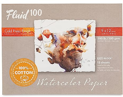 Fluid 100 Watercolor Paper 811218 140LB 100% Cotton Cold Press 9 in x 12 in Block, 15 Sheets