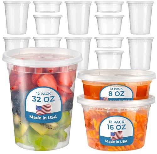 Fit Meal Prep 36 Pack 8 16 32 oz Deli Containers with Lids, US Made Leakproof Quart Containers with Lids, Clear Plastic Food Storage Container with Lid, Microwave Freezer Safe Meal Prep Container