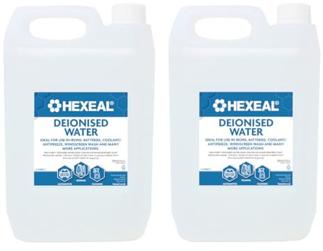 Hexeal Deionised Water 10L – 10L of Deionised Water for Steam Irons, Car Batteries, Windscreen Fluid & Antifreeze – Demineralised Water, Reduces Limescale Deposits & Water Stains – For Lab Use