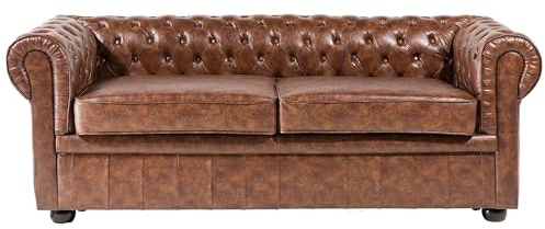 Beliani Canapé en Cuir PU Marron Doré Assise Rembourrée Large Dossier Chesterfield