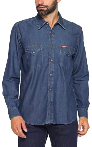 Carrera Camicia Uomo in Denim, Lavaggio Blu Medio (L)