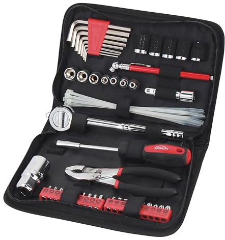 Apollo Tools 56 Piece Compact SAE Auto Tool Set in Zippered Case, Small Mechanic Tool Set for Car Emergency, Motorcycle Repair on the Road, Great for Travel Tool Needs - Red - DT9774