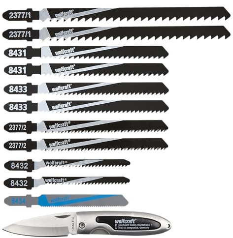 wolfcraft Juego de hojas de sierra de calar, vástago T, 12 piezas I 2377000 I El juego todoterreno para obras interiores