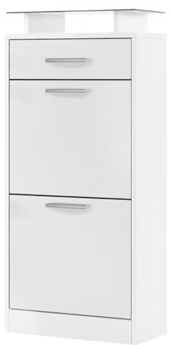 Vladon Schuhschrank Loret V2, Schuhkipper für 8 Paar Schuhe mit 2 Klappen, 1 Schublade und Glasablage, Weiß matt/Weiß matt (46 x 104 x 23 cm)