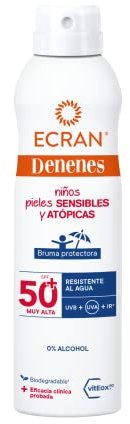 Ecran Denenes - Bruma Protectora Solar FPS 50+ para Niños en Spray, 80 Minutos de Protección UVB, UVA e IR-A, con Extracto de Algodón y Vitamina E, Pieles Sensibles y Atópicas - 250 ml
