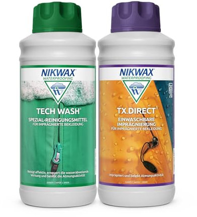 Nikwax Tech Wash und TX.Direct Wash-In Doppelpack 2 x 1L, Technischer Reiniger und Wash-In Imprägnierer für Wetterschutzbekleidung - reinigt, imprägniert, revitalisiert die Atmungsaktivität