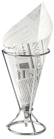 Fackelmann Supporto per finger food con sacchetto di pizzo, porta patatine fritte con 5 sacchetti di carta oleorepellente, porta snack con sacchetti di design giornale (colore: argento, bianco/nero),