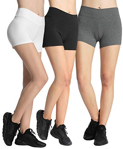 4How Set 3 Pièces Short Court de Sport Femme en Coton Opaque Taille Haute Yoga Danse Fitness Course à Pied Cyclisme Boxer Confortable sous Robe Quotidienne Blanc Noir Gris Taille S