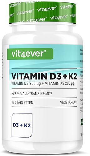 Vitamin D3 10.000 I.E + Vitamin K2 200 mcg Menaquinon MK7 Depot - 180 Tabletten - 99,7+% All-Trans (K2VITAL® von Kappa) - Laborgeprüft - Vegetarisch - Hochdosiert - Premium Qualität
