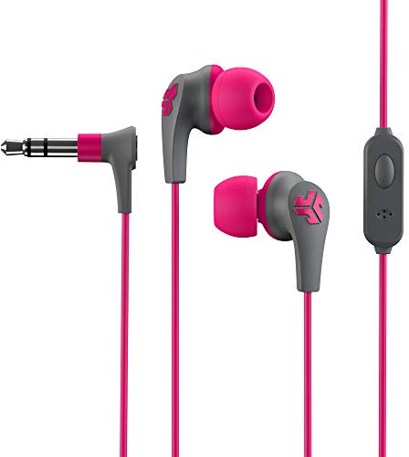 JLab Audio JBuds Pro Signature Wired Earbuds with Microphone and Track Controls, Titanium 10mm Drivers with Custom Fit Gel Tips and Cush Fins, Pink