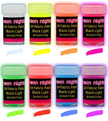 Fluoreszierende Stoffmalfarbe | 8 Schwarzlicht Textilfarben | Neon Leuchtfarbe im Set für knalligen Leuchteffekt | 8 x 20 ml UV Farben | Ideal zum T-Shirt bemalen