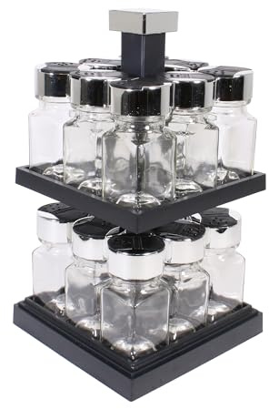 CMP CMKB5755 Saveur et Dégustation - KB5755Soporte en torre circular para especias con 16botes de cristal con tapas de acero inoxidable y plástico, 16.3x 16.3x 29cm, transparente/ negro